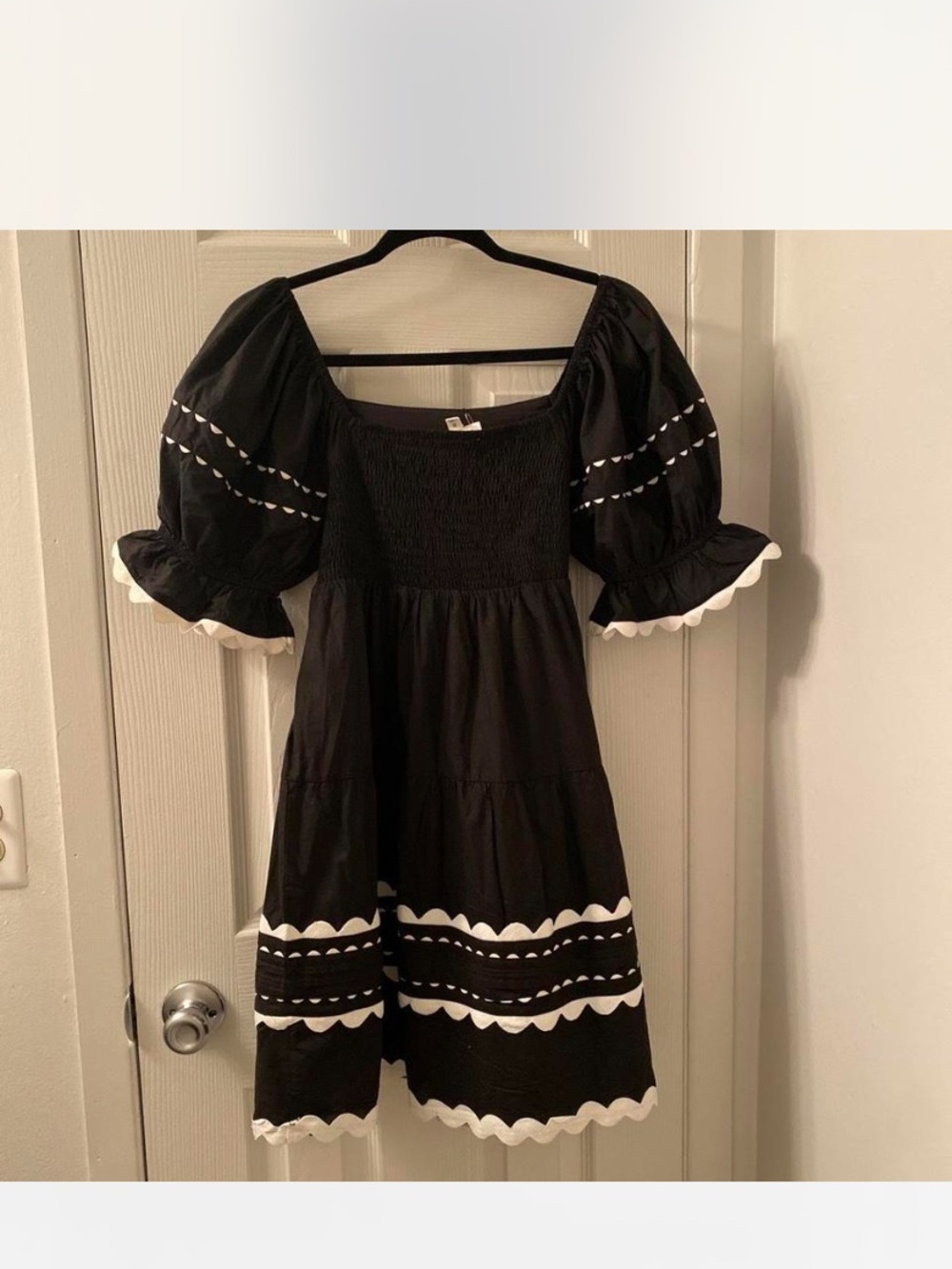 &merci Black Puff Sleeve Tiered Mini Dress with White Trim - Picture 4 of 8